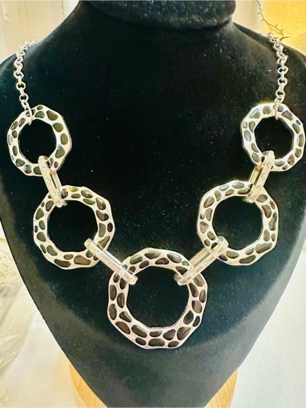 NWOT Silver Tone Black Enamel Statement Circle Necklace